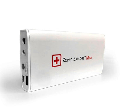 Zopec Explore Mini CPAP battery backup, compact and lightweight for camping and travel, with cables for ResMed AirMini and AirSense.