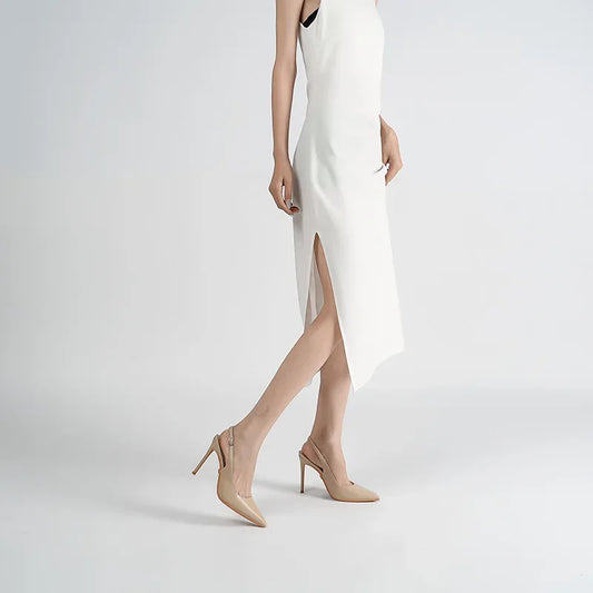 Fashionable women's high-heeled shoes with slim heels and pointed back, in nude color, versatile and comfortable for commuting.