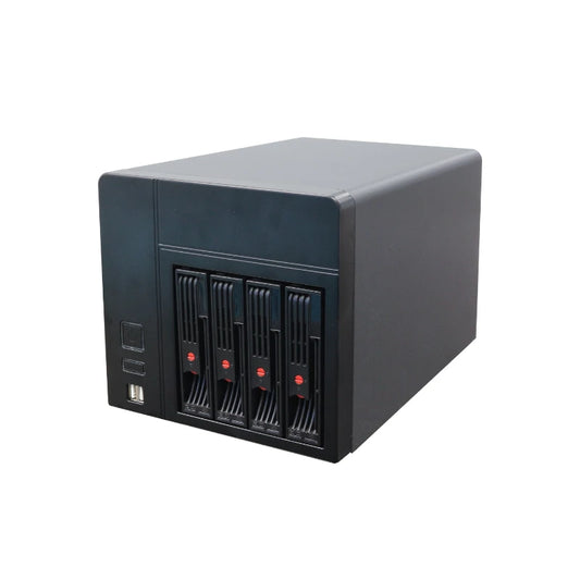 Black NAS-04 4-bay mini-ITX home storage server chassis with hot-swap HDD, SSD, 1U flex PSU, and 120mm fan.