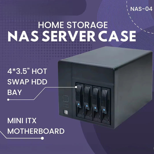 Black NAS-04 4-bay Mini-ITX home storage server chassis with hot-swap HDDs, SSD support, 1U flex PSU, and 120mm fan.