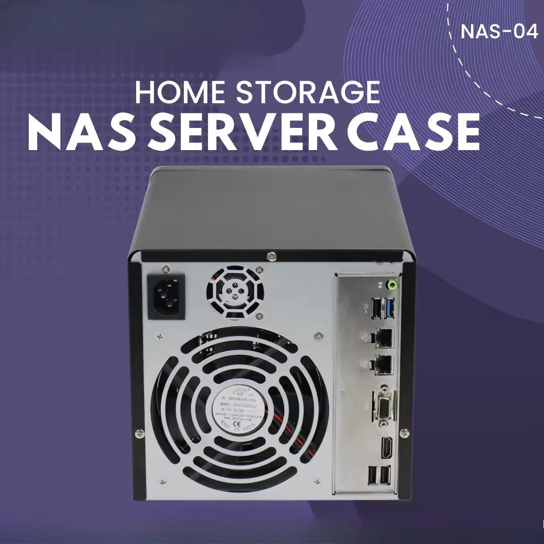 Black NAS-04 4-bay Mini-ITX home storage server chassis with 4 hot-swap HDDs, 2 SSD slots, 1U design, 120mm fan.