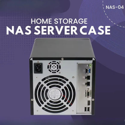 Black NAS-04 4-bay Mini-ITX home storage server chassis with 4 hot-swap HDDs, 2 SSD slots, 1U design, 120mm fan.