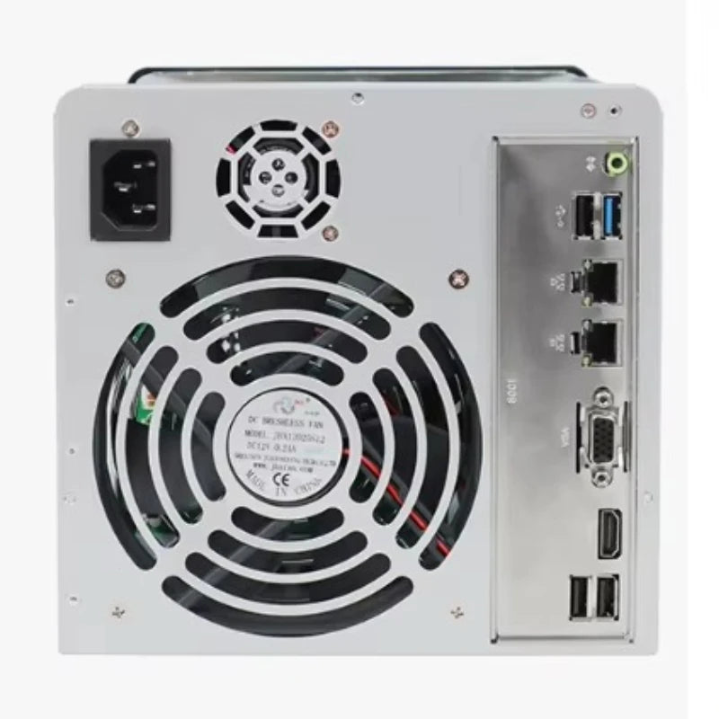 Black NAS-04 4-bay Mini-ITX home storage server chassis with hot-swap HDD and SSD bays, 1U flex PSU, and 120mm fan.