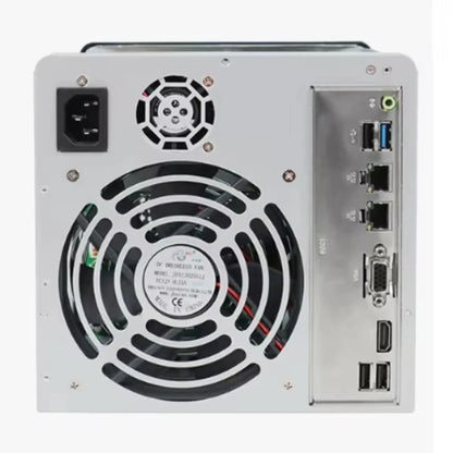 Black NAS-04 4-bay Mini-ITX home storage server chassis with hot-swap HDD and SSD bays, 1U flex PSU, and 120mm fan.