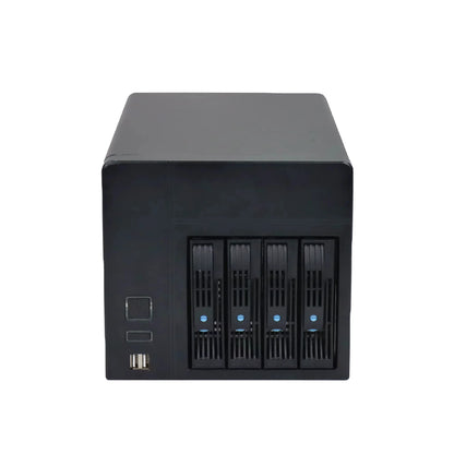 Black NAS-04 4-bay Mini-ITX home storage server chassis with hot-swap HDD and SSD bays, 1U flex PSU, 120mm fan.