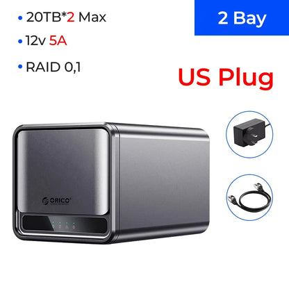 BACKUPMYFILESNOW.COM® ORICO TS200 SATA 3.0 NAS 2-bay enclosure with HDD/SSD slots, connected for network storage and backup.