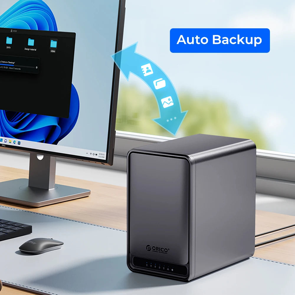 BACKUPMYFILESNOW.com NAS backup enclosure with two bays for SATA HDDs or SSDs, featuring a sleek black design and front LED indicators.