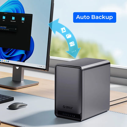 BACKUPMYFILESNOW.com NAS backup enclosure with two bays for SATA HDDs or SSDs, featuring a sleek black design and front LED indicators.