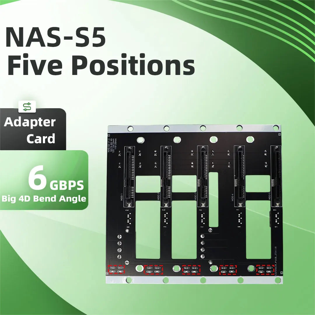 Big 4D corner power supply NAS backplane with five bay SATA hard drive slots for storage server applications.