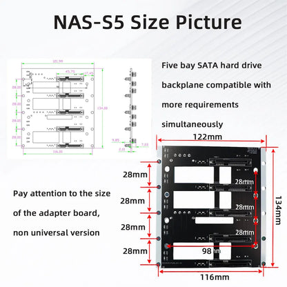 Big 4D corner power supply SATA backplane for NAS chassis, five-bay hard drive storage server adapter, 6G/bps data transfer.