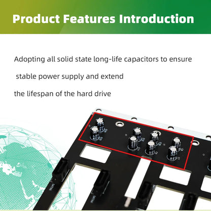 BackupMyFilesNow ADT-Link Big 4D corner power supply with five-bay SATA hard drive backplane for NAS server storage.