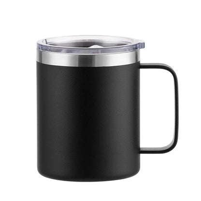 12oz stainless steel mug with handle, insulated coffee tumbler with sliding lid, ideal for camping, office, home, or school.