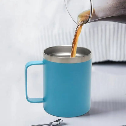 12oz stainless steel insulated coffee mug with handle and sliding lid, ideal for camping, office, home, or school use.