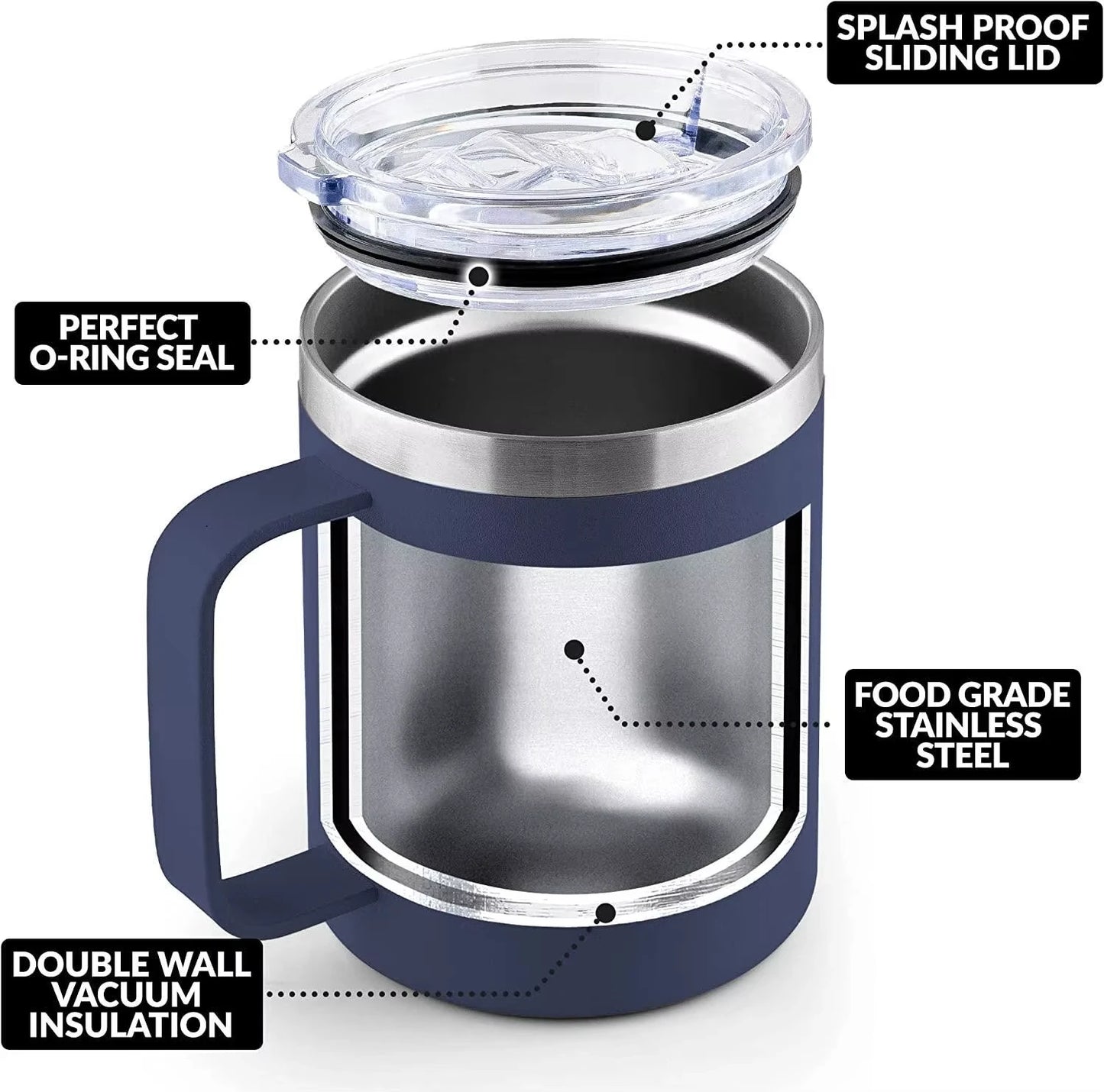 12oz stainless steel insulated mug with handle, sliding lid, natural color, ideal for camping, office, home, or school use.