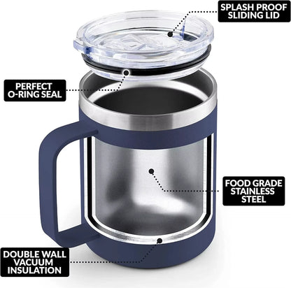 12oz stainless steel insulated mug with handle, sliding lid, natural color, ideal for camping, office, home, or school use.