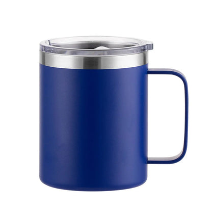 12oz stainless steel insulated coffee mug with handle and sliding lid, ideal for camping, office, home, or school use.