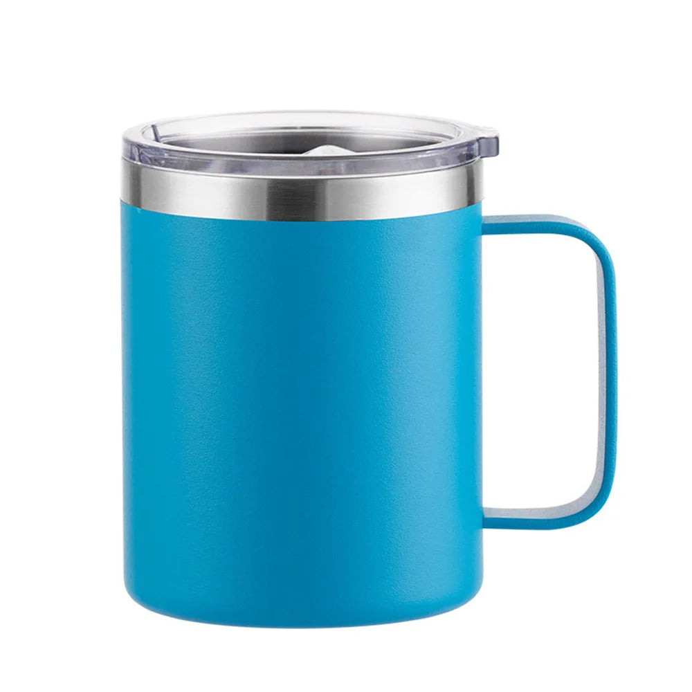 12oz stainless steel insulated mug with handle, sliding lid, natural finish, ideal for camping, office, home, or school use.