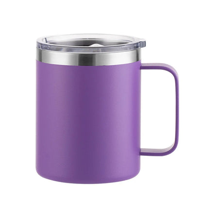 12oz stainless steel insulated coffee mug with handle, sliding lid, in natural color, ideal for camping, office, home, or school.