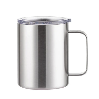 12oz stainless steel insulated mug with handle, sliding lid, ideal for camping, office, and home use by BackupMyFilesNow.com