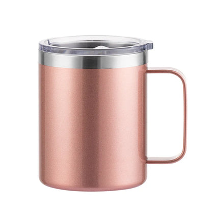 12oz stainless steel mug with handle, insulated coffee cup with sliding lid, ideal for camping, office, home, or school use.