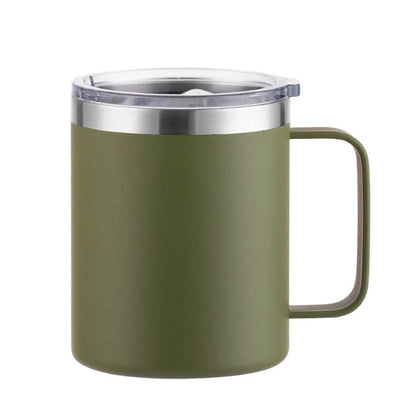 12oz stainless steel insulated mug with handle and sliding lid, ideal for camping, office, home, or school use.