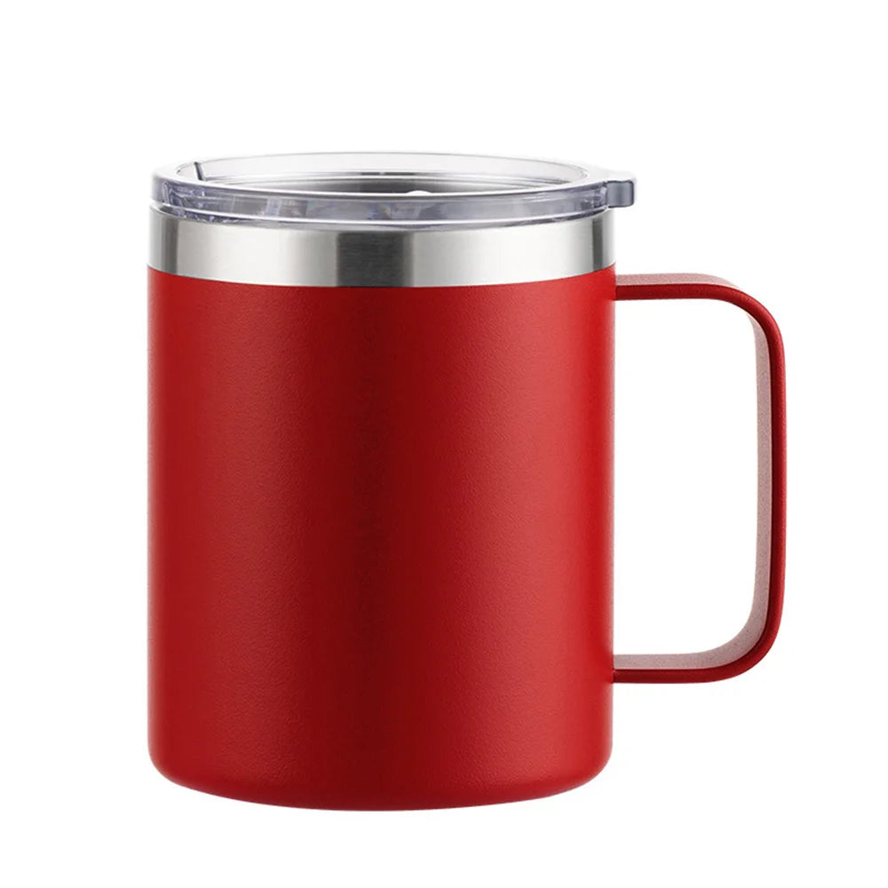 12oz stainless steel insulated coffee mug with handle, sliding lid, in natural color, ideal for camping, office, home, or school use