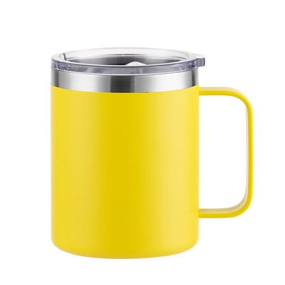 12oz stainless steel insulated coffee mug with handle, sliding lid, natural color, suitable for camping, office, or home use.