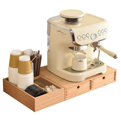 Natural wood coffee station organizer with drawers, designed for coffee, tea, and condiment storage, perfect for a coffee bar.