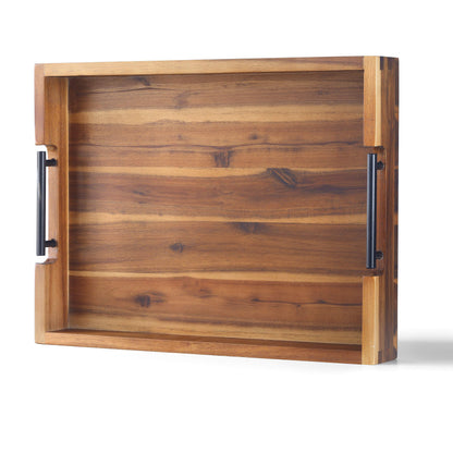 Acacia wood Ottoman tray with metal handles, 16.5x12.5 inches, used for serving food, drinks, or decorative storage on coffee tables.