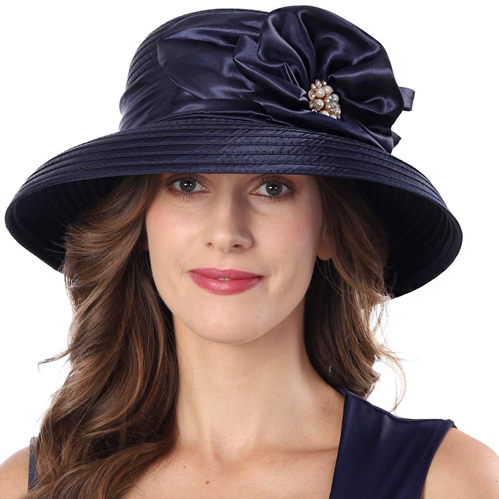 Navy blue 1950s Kentucky Derby church hat for women with rhinestones and wide brim, vintage style by BACKUPMYFILESNOW.COM®.