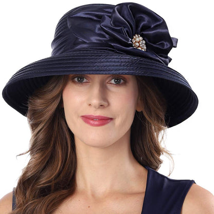 Navy blue 1950s-style women's church hat with rhinestones and wide brim, perfect for Kentucky Derby, by BACKUPMYFILESNOW.COM®.