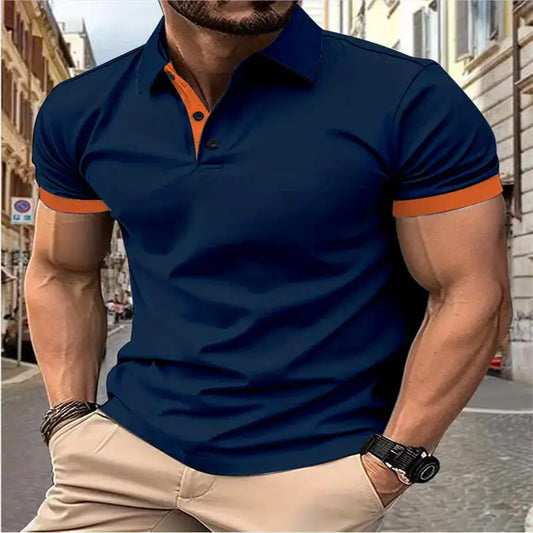 Men's navy blue casual short sleeve shirt with lapel, white accents, from BACKUPMYFILESNOW.COM®. Classic men's fashion T-shirt.
