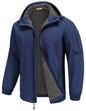 Men's waterproof softshell windbreaker jacket with hood, fleece lining, windproof design, ideal for outdoor winter activities.