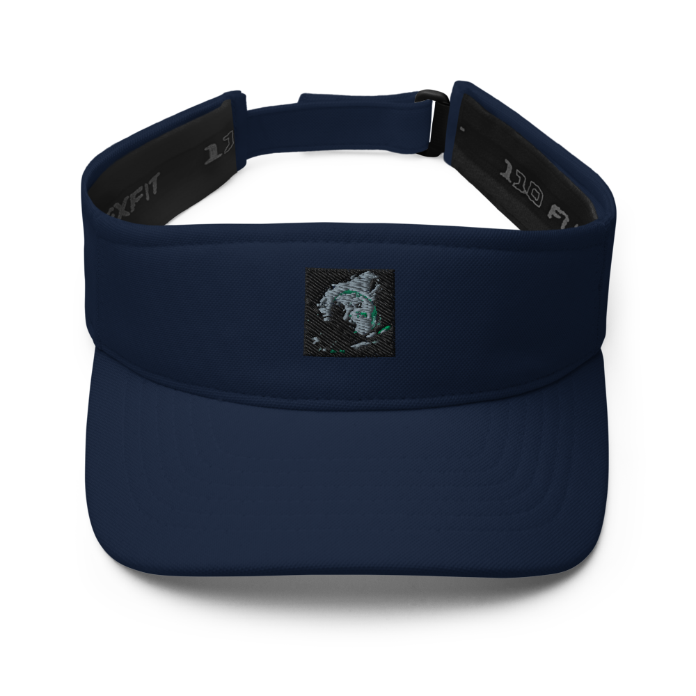 Navy Flexfit 8110 visor with curved brim and adjustable strap, designed for sun protection and comfortable fit.