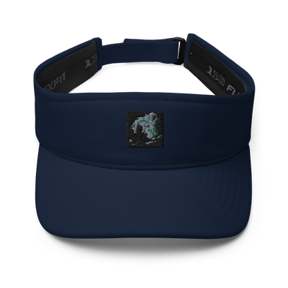 Navy Flexfit 8110 visor with curved brim and adjustable strap, designed for sun protection and comfortable fit.