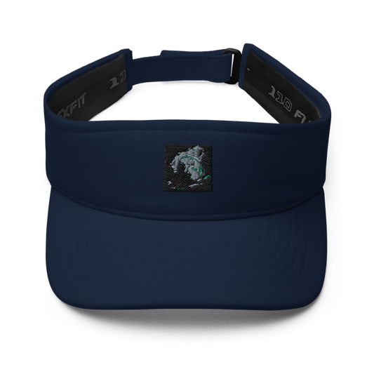 Navy Flexfit 8110 visor with curved brim and adjustable strap, designed for sun protection and comfortable fit.