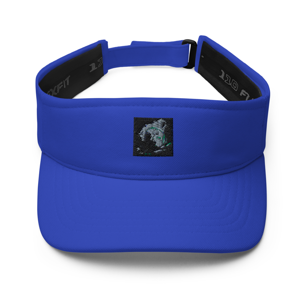 Navy Flexfit 8110 visor hat by BACKUPMYFILESNOW.COM®, one size fits all, featuring a curved brim and adjustable strap.