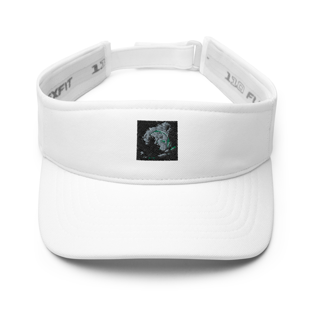 Navy Flexfit 8110 visor hat with curved brim and adjustable strap, featuring the BACKUPMYFILESNOW.COM® logo.