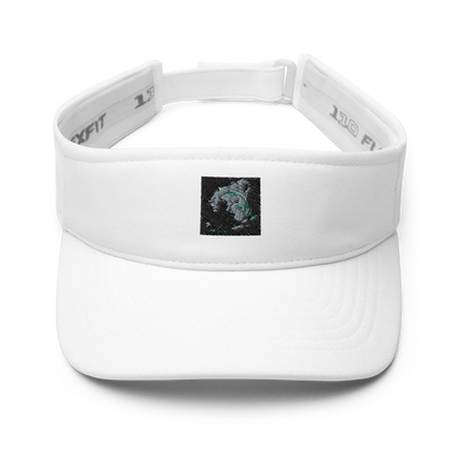 Navy Flexfit 8110 visor hat with curved brim and adjustable strap, featuring the BACKUPMYFILESNOW.COM® logo.