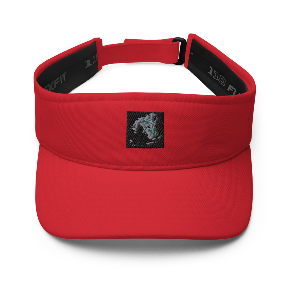 Navy Flexfit 8110 visor with curved brim and adjustable strap, featuring the BackupMyFilesNow.com® logo on the front.