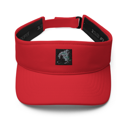 Navy Flexfit 8110 visor with curved brim and adjustable strap, featuring the BackupMyFilesNow.com® logo on the front.