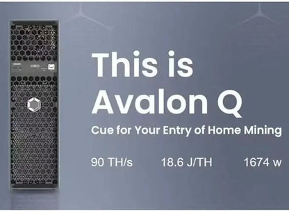 Avalon Q Bitcoin miner with 90TH/s hash rate, 1674W power, low noise design, and included PSU for crypto mining.