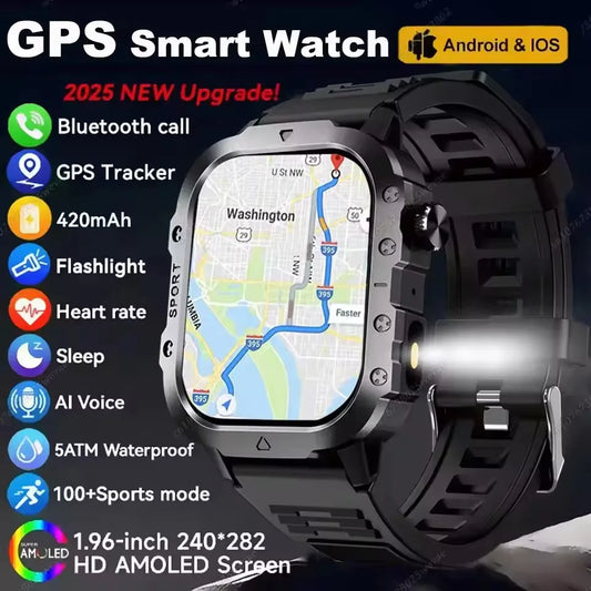 Black 2025 SmartWatch for men and women featuring GPS, heart rate monitor, sleep tracking, waterproof design, compatible with iOS and Android.
