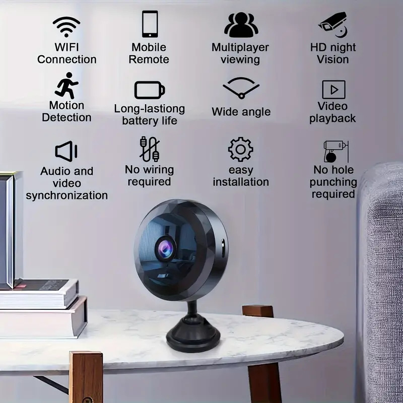 Wireless HD security camera by BackupMyFilesNow.com, black surveillance camera with WiFi connectivity and diamond-shaped design.