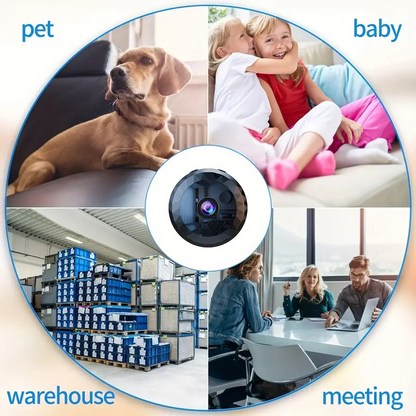 Black wireless network security camera with HD video, mounted on a table, designed for WiFi surveillance by BackupMyFilesNow.com