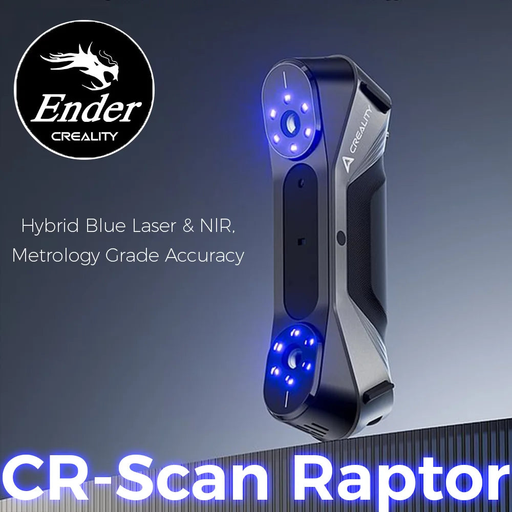 Creality CR-Scan Raptor 3D scanner with blue laser and NIR technology, featuring 0.02mm accuracy for K1, KC1, and K1-Max models.