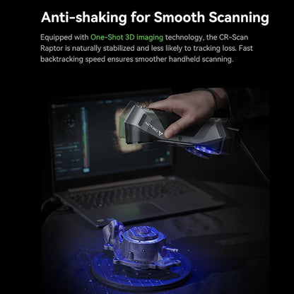 Creality CR-Scan Raptor 3D scanner with blue laser and NIR technology, showcasing its compact design and high-precision features.