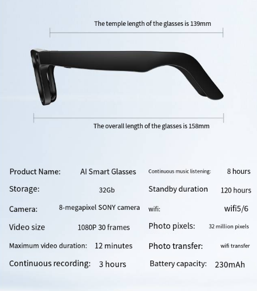AI Camera Smart Glasses by BackupMyFilesNow.com with sleek sunglasses design and integrated camera for hands-free recording.