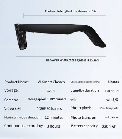 AI Camera Smart Glasses by BackupMyFilesNow.com with sleek sunglasses design and integrated camera for hands-free recording.