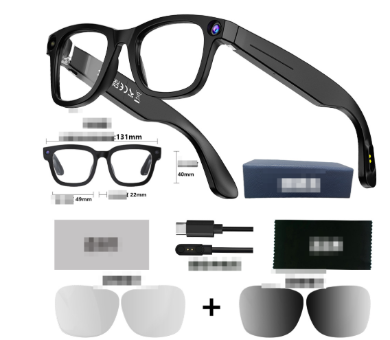 AI camera smart glasses with sleek sunglasses design and built-in recording lens for hands-free video capture.